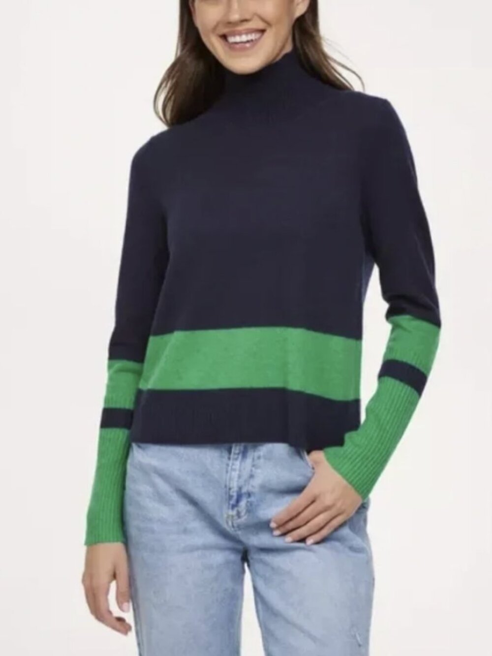 Filoro Addison 100% Cashmere Striped Colorblock Turtleneck Sweater Navy Green XS